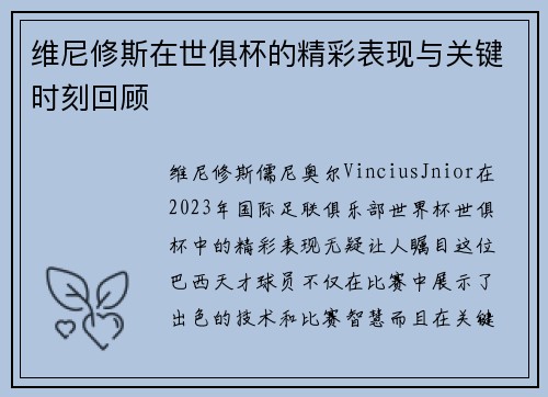维尼修斯在世俱杯的精彩表现与关键时刻回顾